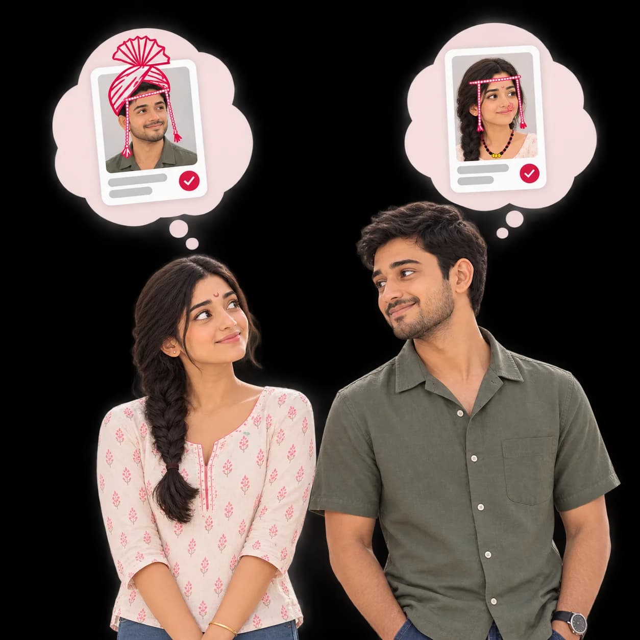 A young woman and man glance at each other, each picturing the other's profile card with wedding jewellery sketched on.